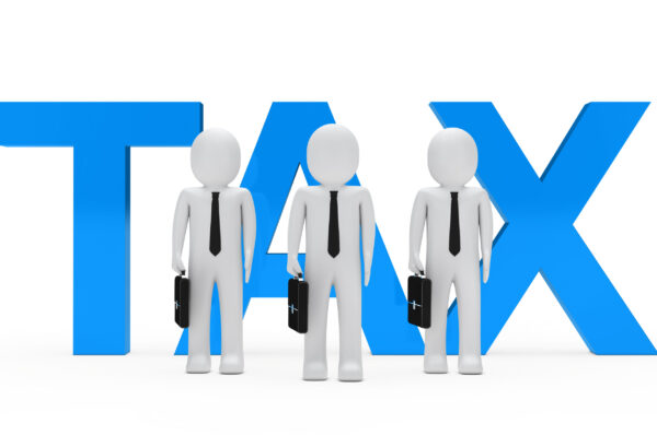 Businessmen team stand for blue tax word